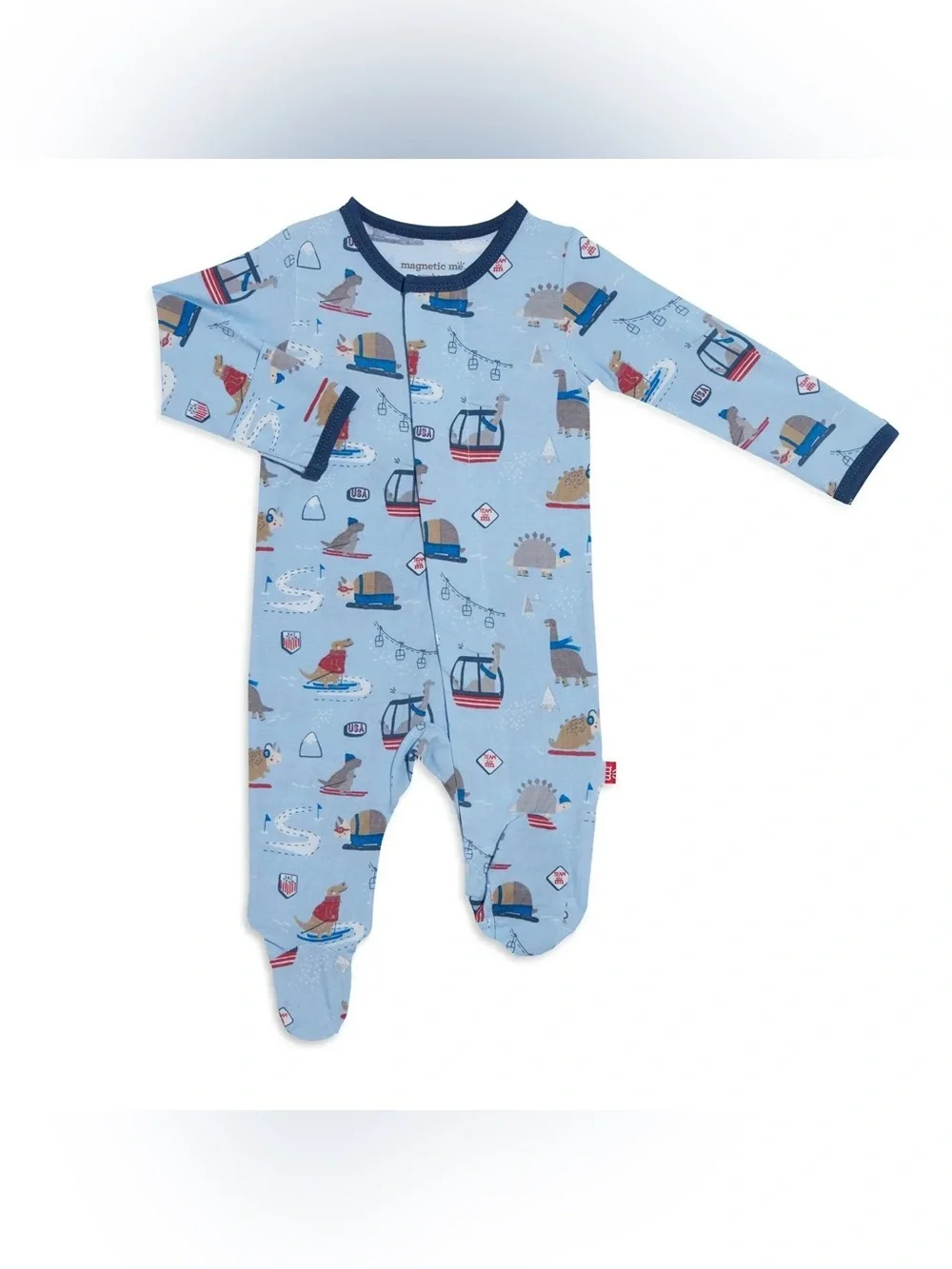 Magnetic Me Ski Rex Modal Magnetic Footie Baby Onesie Printed Blue